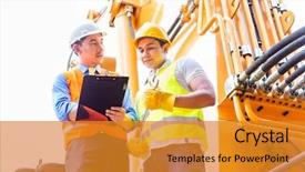 Presentation with task - Colorful presentation enhanced with heavy equipment - asian motor mechanic discussing backdrop and a gold colored foreground