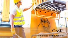  Presentation with motor - Theme having heavy equipment - asian motor mechanic standing background and a gold colored foreground