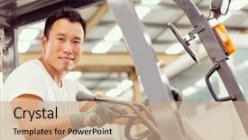  Presentation with heavy equipment - Slide deck having heavy equipment - asian worker in production plant background and a coral colored foreground