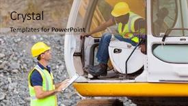  Presentation with foreman - Cool new presentation design with heavy equipment - cheerful construction foreman talking backdrop and a coral colored foreground