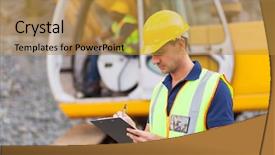  Presentation with construction equipment - Cool new presentation theme with heavy equipment - construction manager writing report backdrop and a gold colored foreground