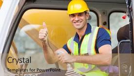  Presentation with construction equipment - Presentation design having heavy equipment - earthmover operator giving thumb up background and a coral colored foreground