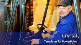  Presentation with forklift - Presentation theme enhanced with heavy equipment - worker driver of a forklift background and a navy blue colored foreground