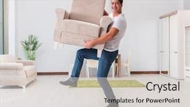  Presentation with moving for kids - PPT theme having heavy lifting - man moving furniture at home background and a light gray colored foreground