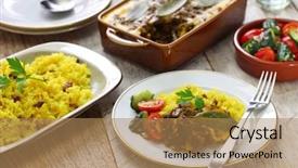  Presentation with rice - PPT theme with heavy lunch - bobotie and yellow rice south background and a coral colored foreground