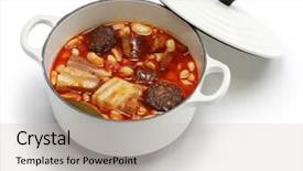  Presentation with chorizo - Slide deck featuring heavy lunch - fabada asturiana spanish white bean background and a  colored foreground