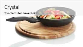  Presentation with frying - Slide set having heavy lunch - frying pan with vegetables background and a  colored foreground