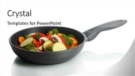  Presentation with frying - Beautiful presentation featuring heavy lunch - frying pan with vegetables backdrop and a white colored foreground