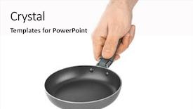 Presentation with frying - Colorful presentation design enhanced with heavy lunch - hand with frying pan isolated backdrop and a  colored foreground