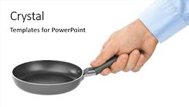  Presentation with frying - Amazing presentation design having heavy lunch - hand with frying pan isolated backdrop and a  colored foreground