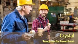  Presentation with snack - Theme with heavy lunch - happy young bearded wngineer background and a tawny brown colored foreground