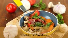  Presentation with sliced fresh papaya on wooden - Presentation consisting of heavy lunch - sliced fresh vegetables in pan background and a gold colored foreground