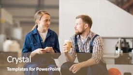  Presentation with workshop - Colorful PPT layouts enhanced with heavy lunch - young man and woman backdrop and a coral colored foreground