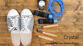  Presentation with sports shoes - PPT theme consisting of heavy metal - shoes and sports equipment background and a gold colored foreground
