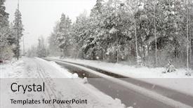  Presentation with forest road - Presentation having heavy snowing over a road going through a forest background and a light gray colored foreground
