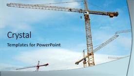  Presentation with town hall sky scrappers - Slides featuring heavy yard work - tower cranes against blue sky background and a light blue colored foreground