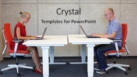  Presentation with aged - Beautiful slide deck featuring height adjustable desks in office backdrop and a light gray colored foreground