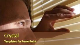  Presentation with man looking up happy - Beautiful slide deck featuring heimlich - man looking through blinds backdrop and a tawny brown colored foreground