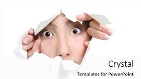  Presentation with paper - Beautiful slide deck featuring heimlich - young girl peeping through hole backdrop and a white colored foreground