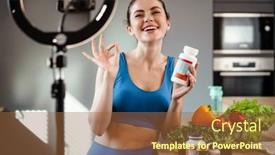  Presentation with supplements - Cool new slides with helathy-smiling-brunette-woman-blogger backdrop and a tawny brown colored foreground