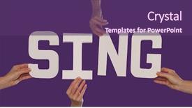  Presentation with wooden english letters alphabet - PPT theme with held up over a purple background and a violet colored foreground