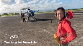  Presentation with tour - PPT theme featuring helicopter tour asian tourist walking on airport tarmac going to tourism excursion summer travel vacation leisure activity woman looking at camera excited candid background and a gray colored foreground