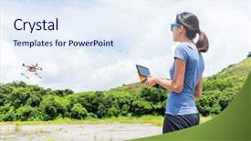  Presentation with drone - Beautiful presentation theme featuring heliport - woman controlling the flying drone backdrop and a  colored foreground