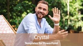  Presentation with photo - PPT layouts with hello - photo of smiling emotional young background and a coral colored foreground