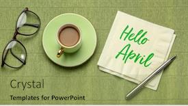  Presentation with coffee cup - Amazing slide deck having hello-april-handwriting backdrop and a yellow colored foreground