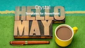  Presentation with coffee cup - Beautiful PPT theme featuring hello-may-word-abstract backdrop and a teal colored foreground