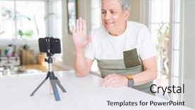  Presentation with video - Beautiful slide set featuring hello to the smartphone camera backdrop and a sky blue colored foreground