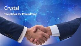  Presentation with business hello - Presentation having hello world - handshake concept - business metaphor background and a teal colored foreground