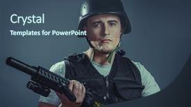  Presentation with armor - Audience pleasing PPT theme consisting of helmet aiming pistol black armor backdrop and a ocean colored foreground