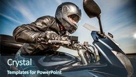  Presentation with road racing - Colorful slide set enhanced with helmet and leather jacket racing backdrop and a ocean colored foreground