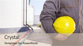  Presentation with oil tanks - Theme enhanced with reservoir engineering - man engineer with helmet background and a lemonade colored foreground