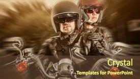  Presentation with bike - Beautiful slide deck featuring helmet motorcycle - biker man and girl sits backdrop and a tawny brown colored foreground