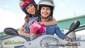  Presentation with vintage motorcycle - Amazing slide set having helmet motorcycle - cheerful couple riding vintage scooter backdrop and a  colored foreground