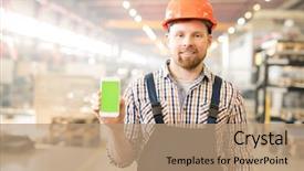  Presentation with engineering desk of civil engineer - PPT theme consisting of helmet showing promo on touchscreen background and a coral colored foreground