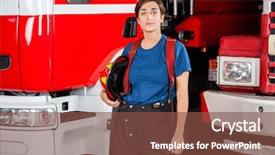  Presentation with confident - PPT layouts having helmet while standing against firetruck background and a tawny brown colored foreground
