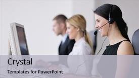  Presentation with education training - Cool new PPT theme with help desk office to customer backdrop and a light gray colored foreground