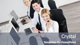  Presentation with business office desk - Amazing slide set having group with headphones giving support backdrop and a  colored foreground