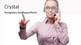  Presentation with call center - PPT layouts having help desk support - young call center operator isolated background and a white colored foreground