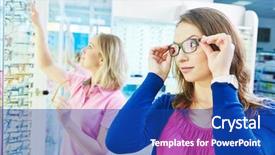 Presentation with glasses blurry eye chart - Audience pleasing slides consisting of help frame - woman at eye glasses shop backdrop and a royal blue colored foreground