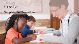  Presentation with elementary school career day and technology and black female teacher - Colorful presentation theme enhanced with help from teacher in classroom backdrop and a soft green colored foreground