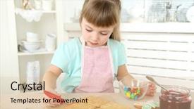 Presentation with cooking equipment kitchen utensils - PPT theme having help jam - little girl preparing cookies background and a  colored foreground