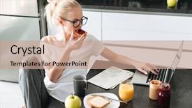  Presentation with young healthy people - Colorful presentation design enhanced with help jam - young beautiful lady in glasses backdrop and a coral colored foreground