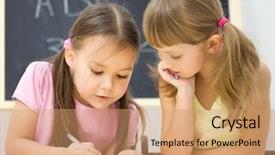  Presentation with cheerful stylish city girl using - Cool new slide deck with help kids - cute little girls are writing backdrop and a coral colored foreground