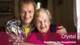  Presentation with old people help people - PPT layouts consisting of help old people - portrait of happy elderly woman background and a violet colored foreground