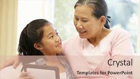  Presentation with old people help people - Cool new PPT theme with help old people - senior asian woman and granddaughter backdrop and a lemonade colored foreground