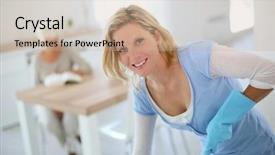  Presentation with old people help people - PPT layouts featuring help old people - young housekeeper cleaning floor background and a coral colored foreground